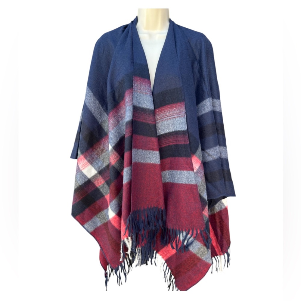 Kollie More Women's Boucle‎ Wrap Shawl Navy Blue Red Plaid Soft Fringe One Size